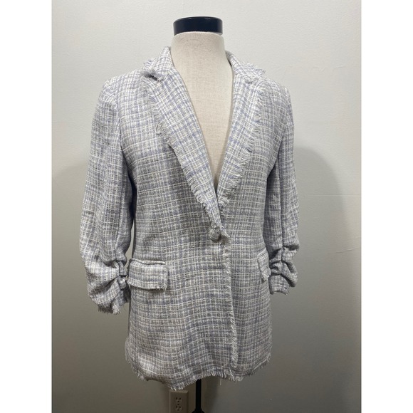 Maison d'Amélie Jackets & Blazers - Maison d'Amélie Paris Blazer Size 6‎ Blue White Tweed Frayed Ruched Sleeve Chic